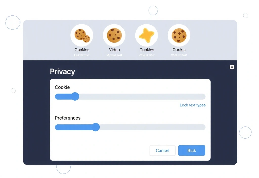 Ilustrație cu un panou de control al setărilor de confidențialitate cu opțiuni de gestionare a cookie-urilor